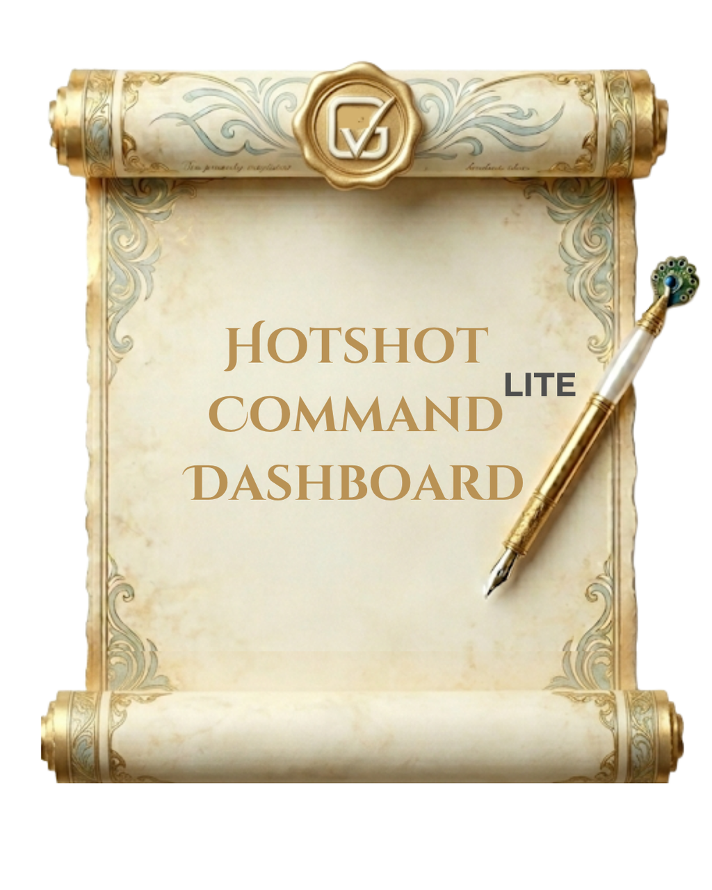Decorative scroll with 'Hotshot Command Dashboard LITE' text and a pen on a white background